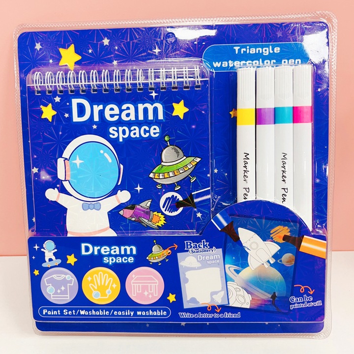 Комплект за рисуване и оцветяване за деца, образователна дейност, 1 книга за рисуване + 4 цвята маркери с вода, астронавт