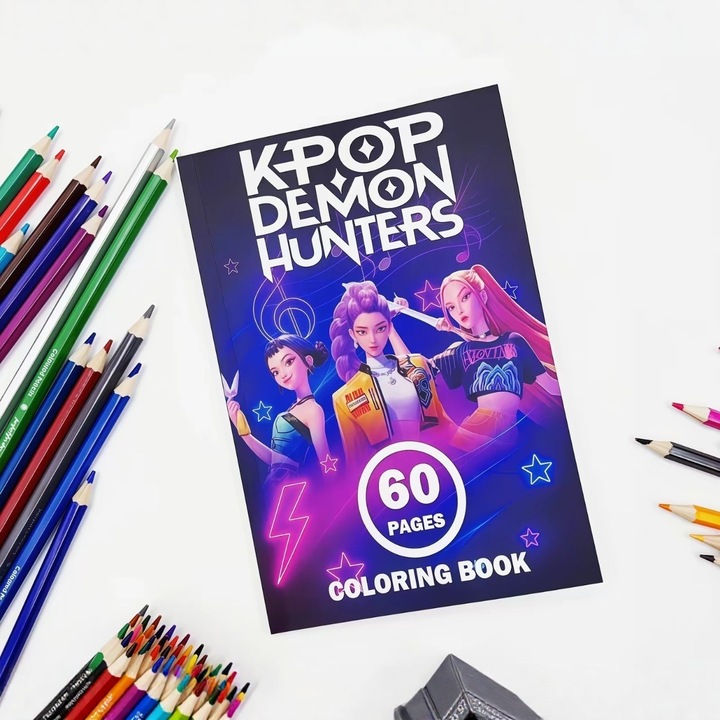 Caiet de colorat K-POP Demon Hunter Girls, set cu 2 creioane acuarela, 21x14cm