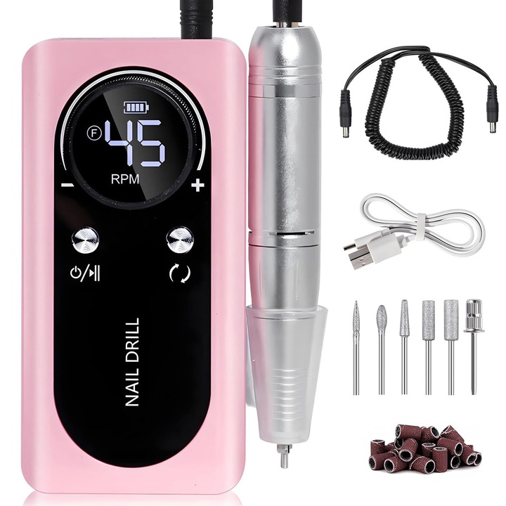 Professzionális körömcsiszoló, hordozható, 45000RPM, 2000mAh, alacsony zajszint, alacsony rezgés, állítható sebesség, LED kijelző, manikűr, elektromos, csiszolás, polírozás, csiszolófejekkel, YQLAFT, rózsaarany
