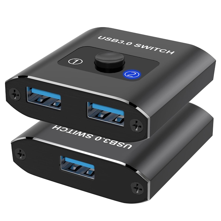 Switch KVM USB3.0, 2 computere partajeaza 1 monitor/tastatura/mouse/imprimanta, Plug and play, fara drivere, Comutator USB bidirectional 1 in 2 iesiri / 2 in 1 iesiri, compatibil cu Mac / Win / Linux, OUYLAF, Negru