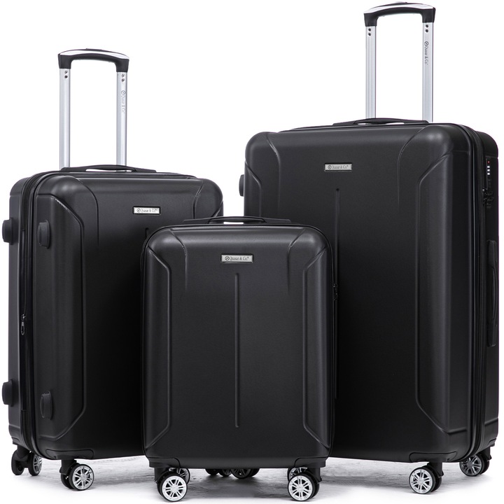 Комплект от 3 куфари Quasar & Co. модел SMART, S/M/L, Багаж за чекиране, Куфари с защитен цип, багаж с код, Телескопична дръжка, Багаж с код, Куфари с 4 безшумни двойни колелца 360°, ABS, Черен
