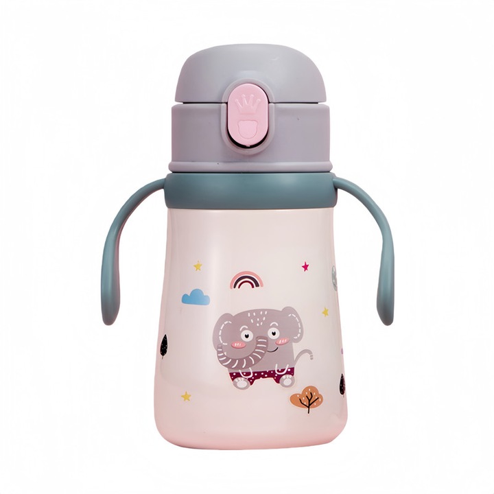 Cana termica pentru copii, 360ml, inox, verde deschis, design dual utilizare cu manere si curea, 167x81mm