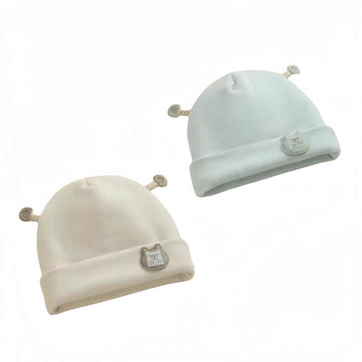 Caciula din bumbac pur pentru nou-nascuti, set de 2 piese, protectie fontanela, albastru si caise, 0-3 luni, circumferinta 32-38cm