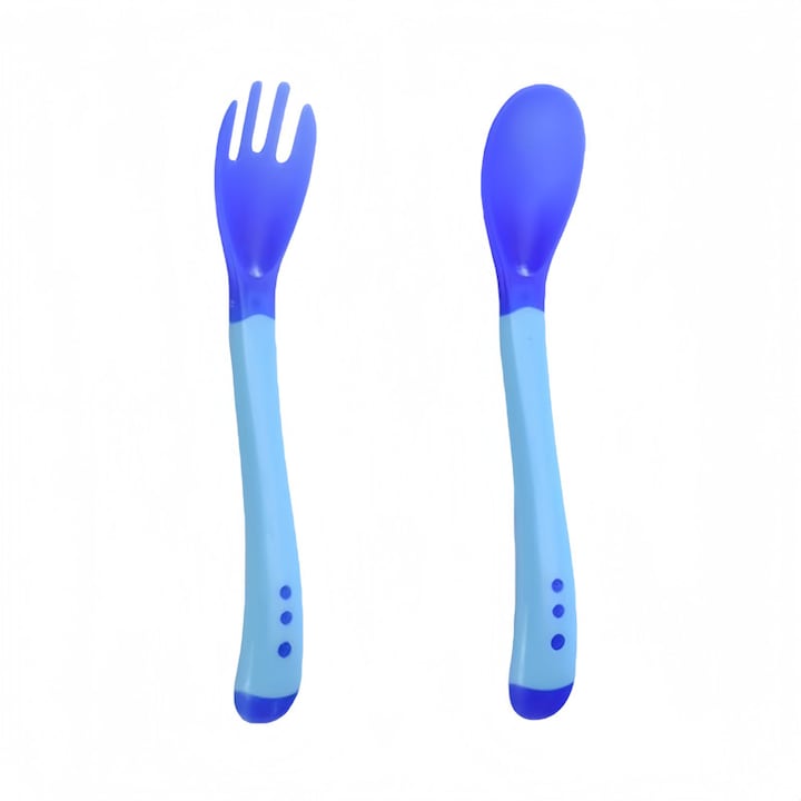 Hőmérséklet-érzékelős villa és kanál készlet, 13,5x1,5 cm, szilikon, kék, 0 hónapos kortól babáknak
