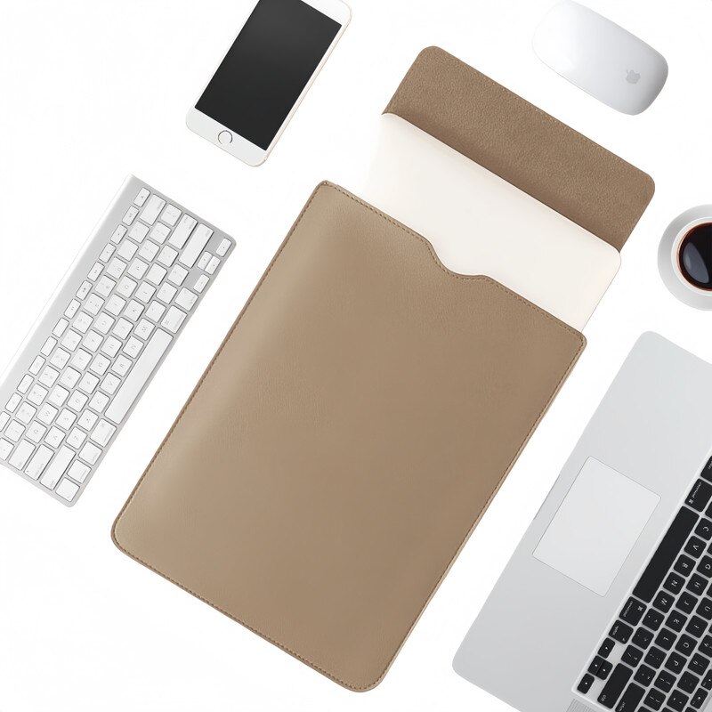 Husa laptop 15 inch, piele ecologica, kaki, 38x28x0.3cm, protectie plus, impermeabila, suport mouse integrat