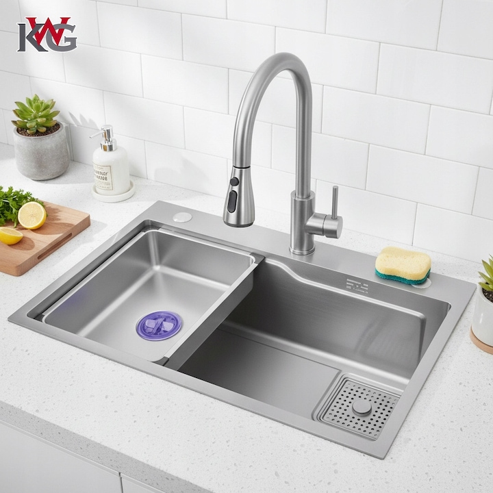 Set chiuveta bucatarie din inox, 68x45cm, 2 cuve, design modern, argintiu