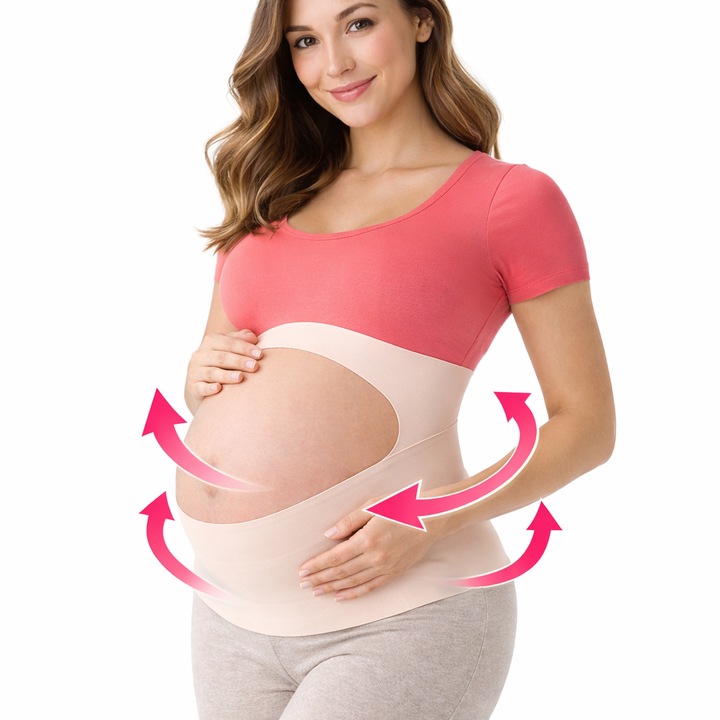 Centura abdominala pentru gravide, suport abdominal, sustinere lombara, material respirabil, confortabila, reglaj cu arici, 2 piese, bej, marime XL