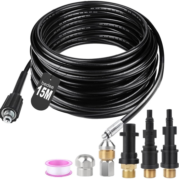 Furtun pentruu aparat de spalat cu presiune, Bedee®, 15m, negru, set cu adaptoare, 180 bar, 60°C, cu dispozitiv anti-rasucire, Pentru Karcher K2 K3 K4 K5 K6 K7