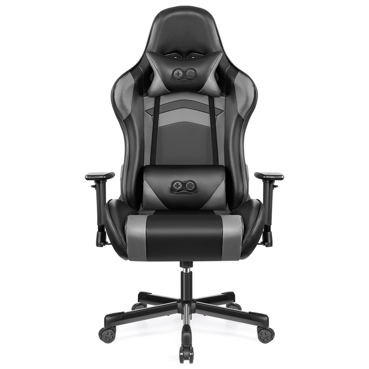Scaun de gaming, UWOT, cadru complet din otel, perna din spuma, rotire la 360 de grade, piele PU, suport pentru brate cu functie de ridicare, design ergonomic profesional, roti omnidirectionale, spatar reglabil la 155° pentru confort, Negru-Gri