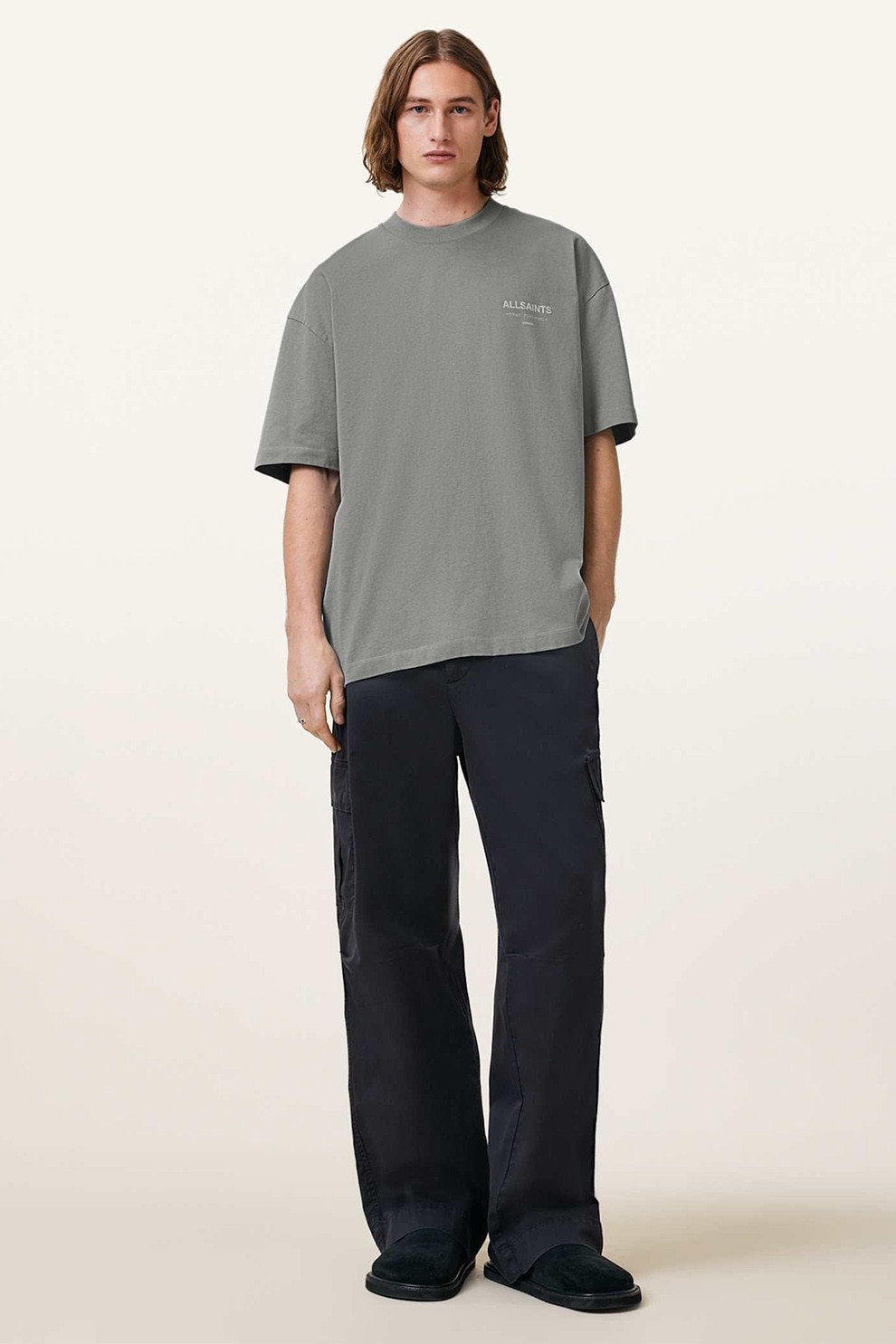 AllSaints, Tricou supradimensionat din bumbac organic cu logo Underground, Gri cenusiu, L