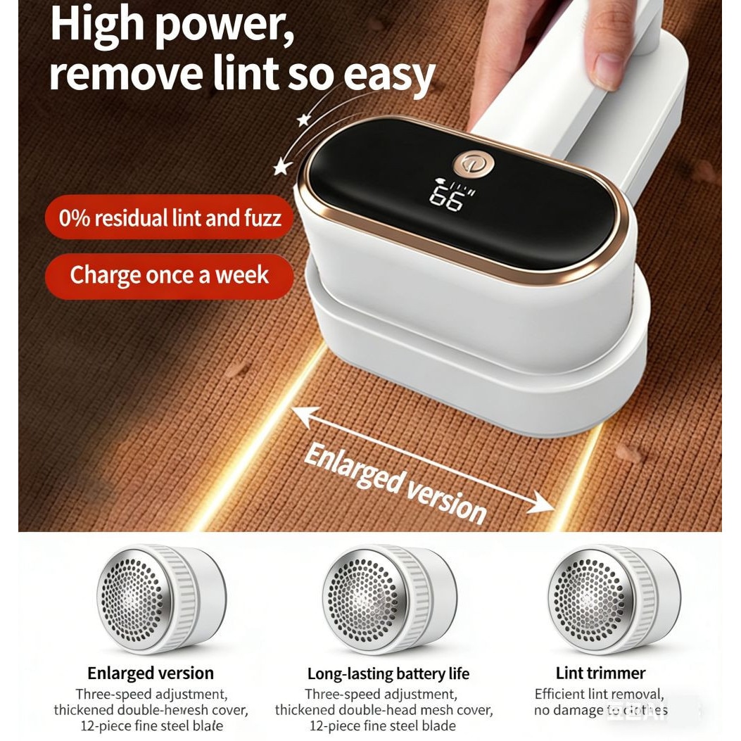 Aparat de Curatat Scame，Baterie Recaricabila 1800mAh, Incarcare USB,12 lame din otel, 3 niveluri de putere, Alb, dimensiuni 15x8x10cm
