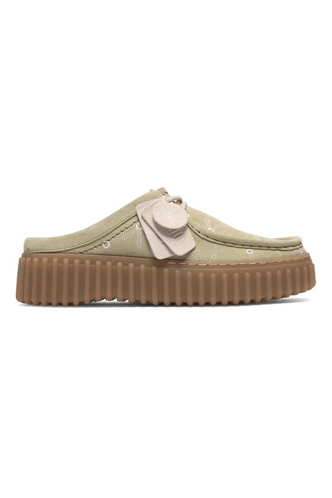 Clarks, Сабо от кожа и велур с лого, Бял/Бледозелен, 37