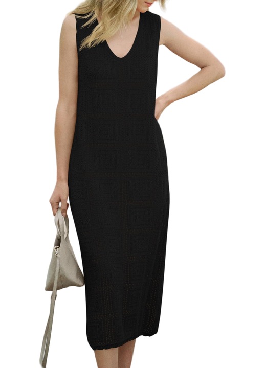 Rochie midi, din croseta fara maneci pentru femei, stil boho, cu guler V（10185）, Negru