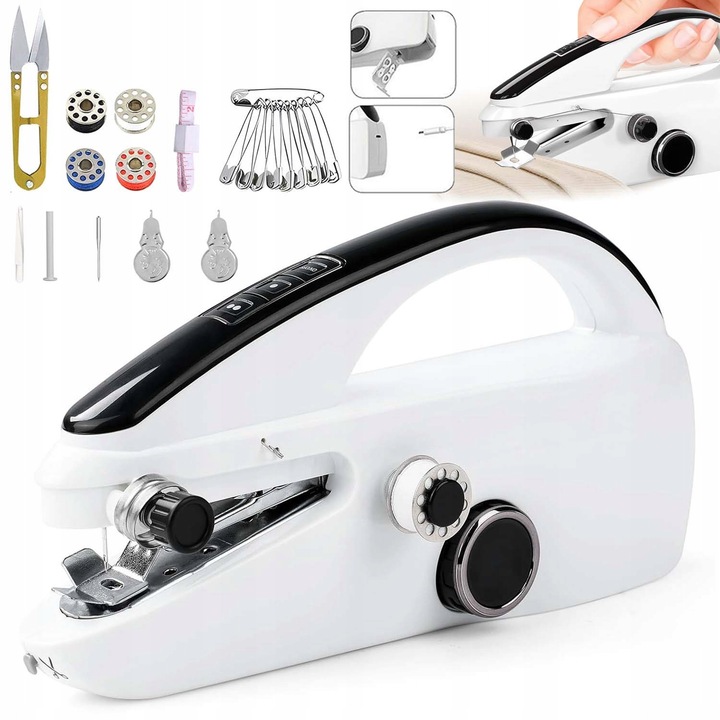 Mini Masina de cusut portabila, cablu USB, Doua moduri de functionare a sursei de alimentare, Usor de Folosit, Compatibila Cu Multe Tipuri de Materiale Textile, Potrivit pentru incepatori, ABS, Alb
