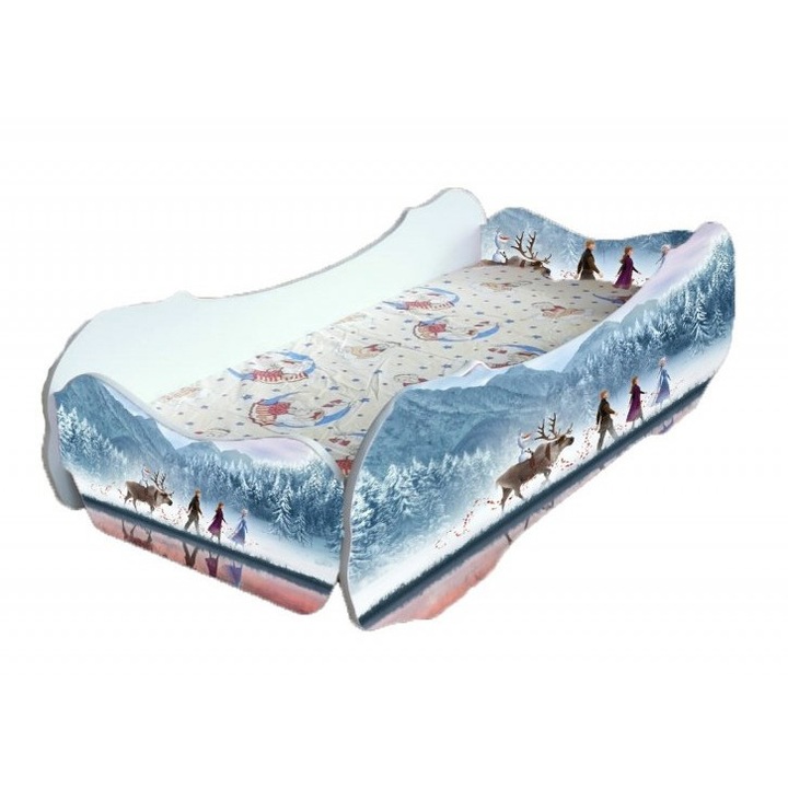 Pat copii tip masina Frozen, 170x80 cm, saltea inclusa