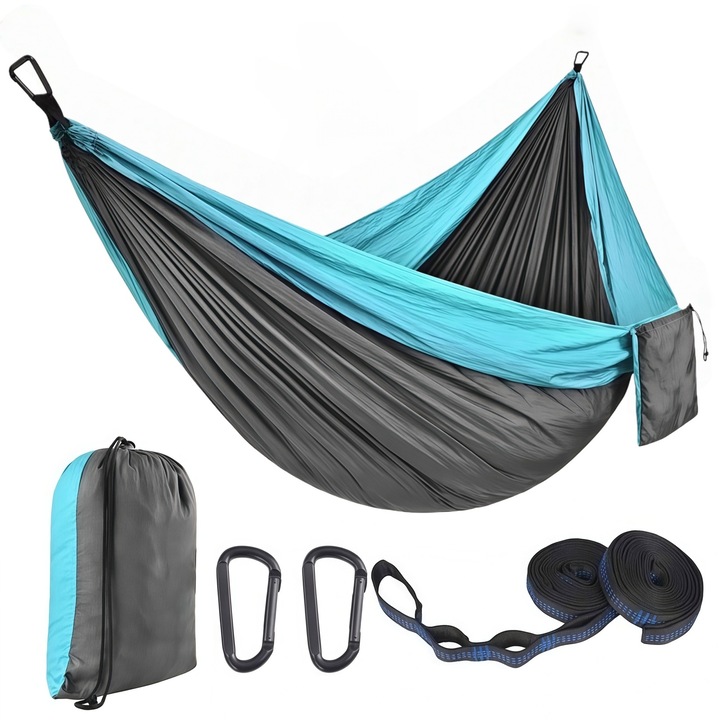 Hamac Dublu, Wacorresi®, Hamac camping, cu saci de depozitare, moale si confortabilaultra usor, excelent pentru camping, chingii de prindere si carabiniere, aventura 300x200 cm, Albastru/gri