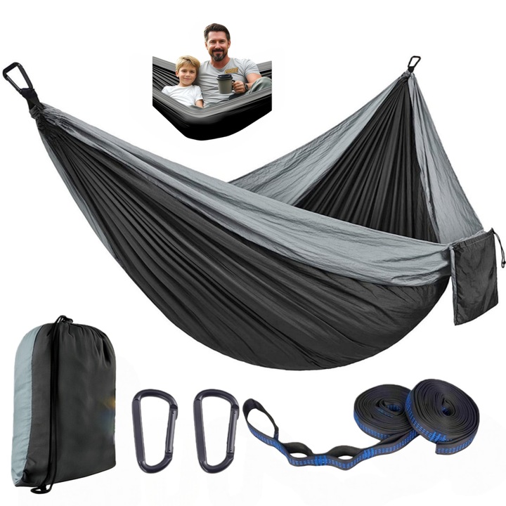 Hamac Dublu, Wacorresi®, Hamac camping, cu saci de depozitare, moale si confortabilaultra usor, excelent pentru camping, chingii de prindere si carabiniere, aventura 300x200 cm, Negru/gri