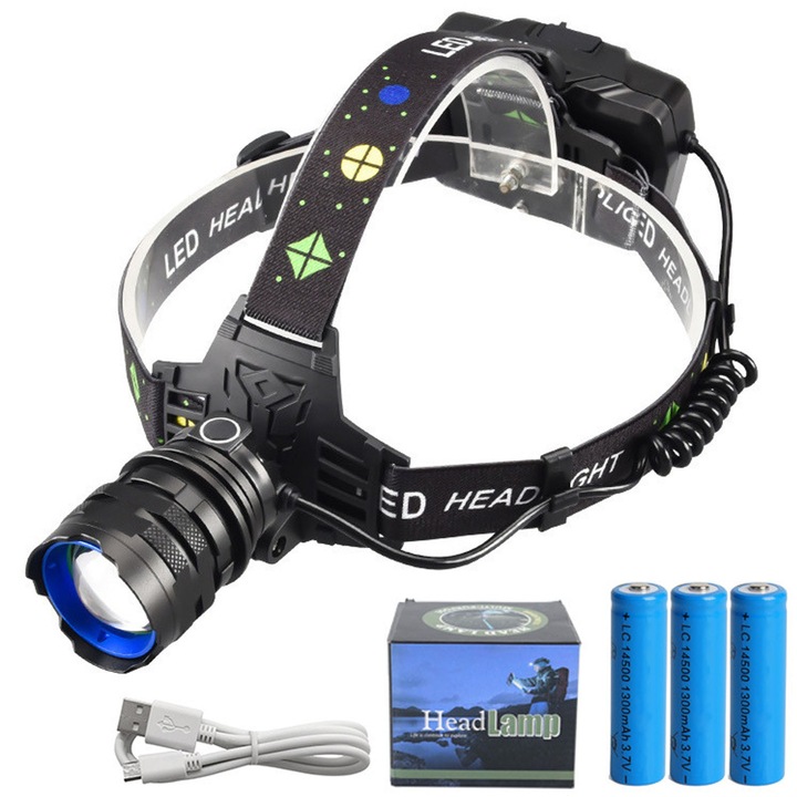 LED челник, asskanaer, Професионален презареждаем LED челник, 3 включени батерии 18650, Кабел за зареждане, Със зуум, 5 режима, 500 метра разстояние, 800 лумена, Въртене на 90 градуса, От алуминий, ABS, 5*4.3 см, Черен