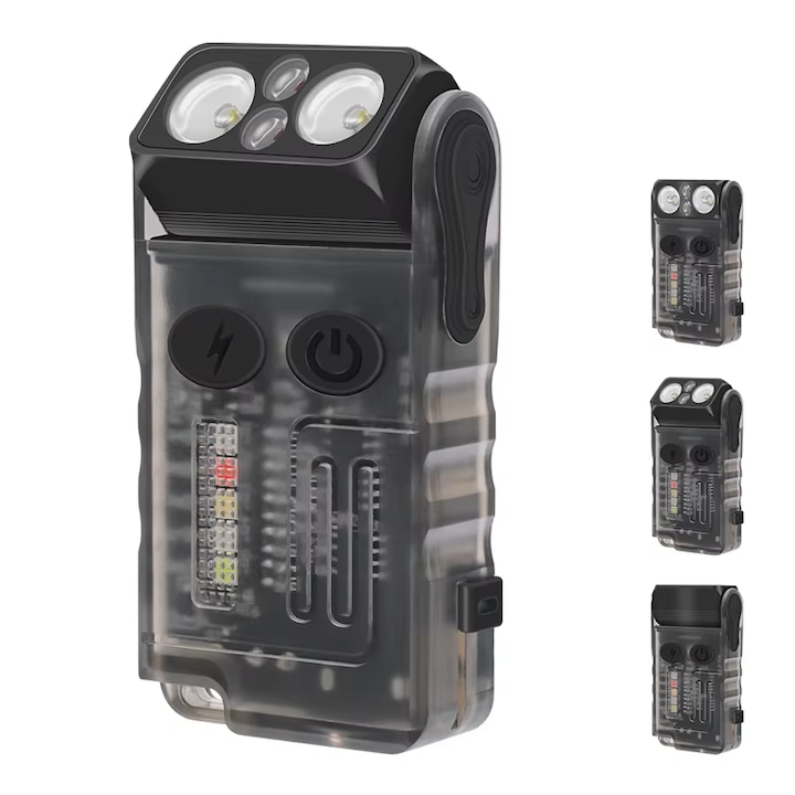 EDC фенер Boruit V20, 1000 лумена, презареждаем USB-C, въртяща се глава на 180°, прозрачен, черен, 69x38x16 мм