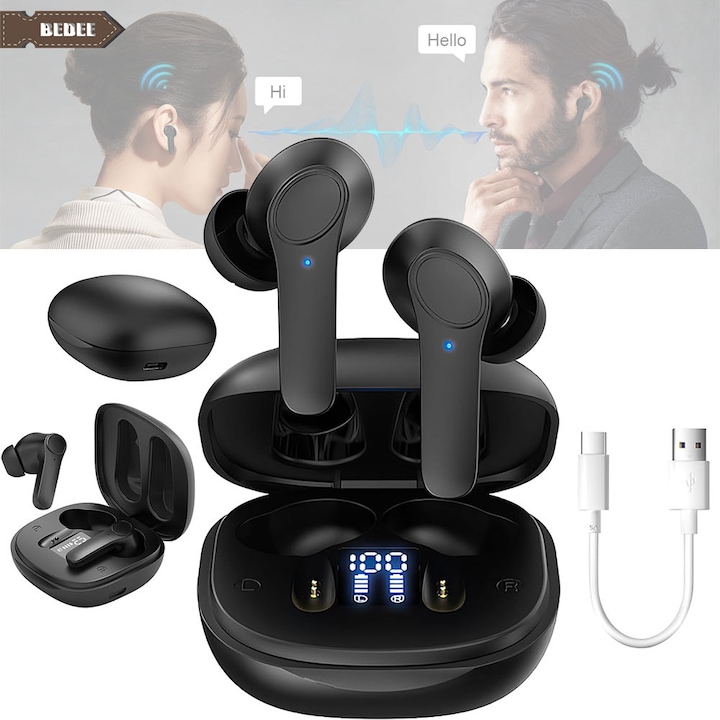 Casti de traducere, Bedee, Casti intraauriculare cu traducator bidirectional cu 144 de limbi si accente, in timp real, pentru iOS si Android, imbunatateste-ti experienta de comunicare globala, Negru