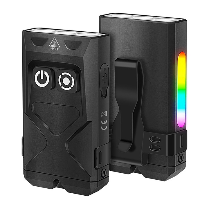 Многофункционален фенер, ORBER, 1000 лумена, водоустойчив, с UV и RGB светлина, черен, 1000mAh