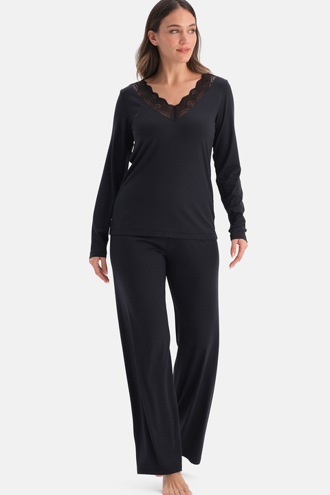 DAGI, Pijama lunga cu decolteu in V, Negru