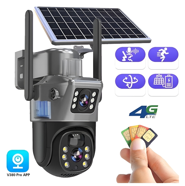 Камера за видеонаблюдение с двойна леща, със соларен панел, eSimplu®, 4MP, 2.5K, батерии 15600 mAh, Wi-Fi / 4G SIM 2.4Ghz, 8W соларен панел, 4X увеличение, нощно виждане, автоматично проследяване, IP66, съхранение на карта, черна