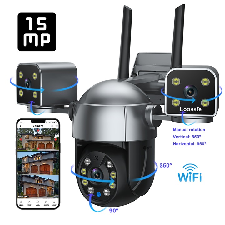 Camera De Supraveghere Video CCTV Tripla WIFI Loosafe® TriShield Cam ProMax, 15MP, Exterior/Interior, Ultra HD 4K, 4X Zoom, Rotire, Leduri Lumina, Comunicare Bidirectionala, Stocare Card/Cloud, Senzor Miscare, Negru