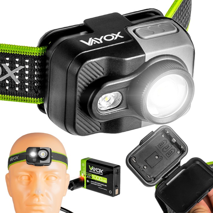 LED челник Vayox VA0196 Pro, 800lm, IP66, черен/зелен, пълен комплект с батерия и USB-C кабел