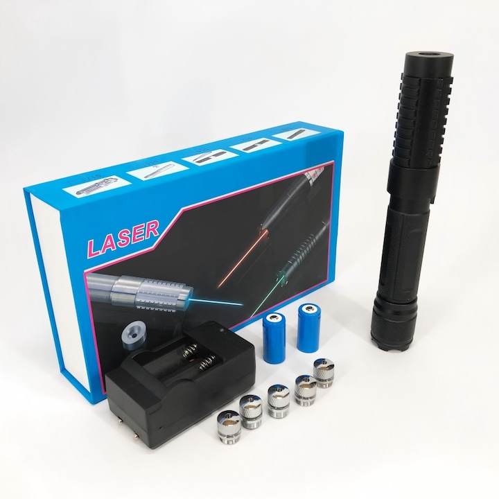 Син лазерен показалец 445nm, корпус от алуминиева сплав, регулируем фокус, с батерия 16340