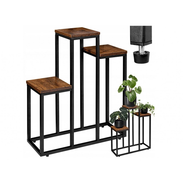 Suport de flori Rustic Loft în culoarea stejarului antichizat - 67 cm - 3 rafturi