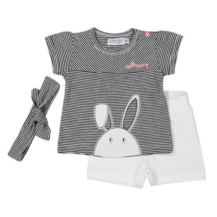 Set bebe 2 piese, Dirkje, tricou si pantaloni scurti + bentita, cu iepuras, Alb/Gri