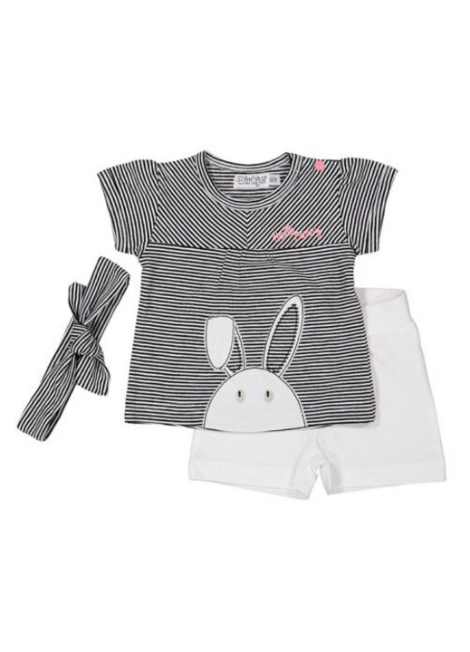 Set bebe 2 piese, Dirkje, tricou si pantaloni scurti + bentita, cu iepuras, Alb/Gri