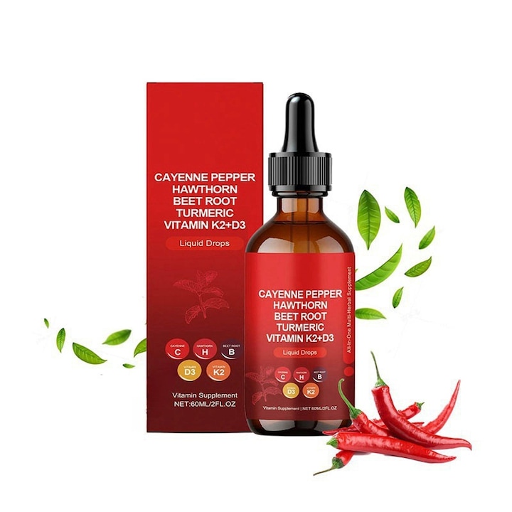 Picături de ardei iute cu extract de păducel, sfeclă, turmeric, vitamina K2 și vitamina D3, 30ml
