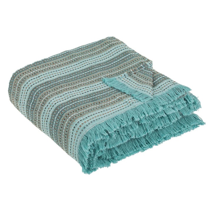 Покривало за диван, За триместен диван, Ресни и фини линии, Памук, 280x180 см, Тюркоаз