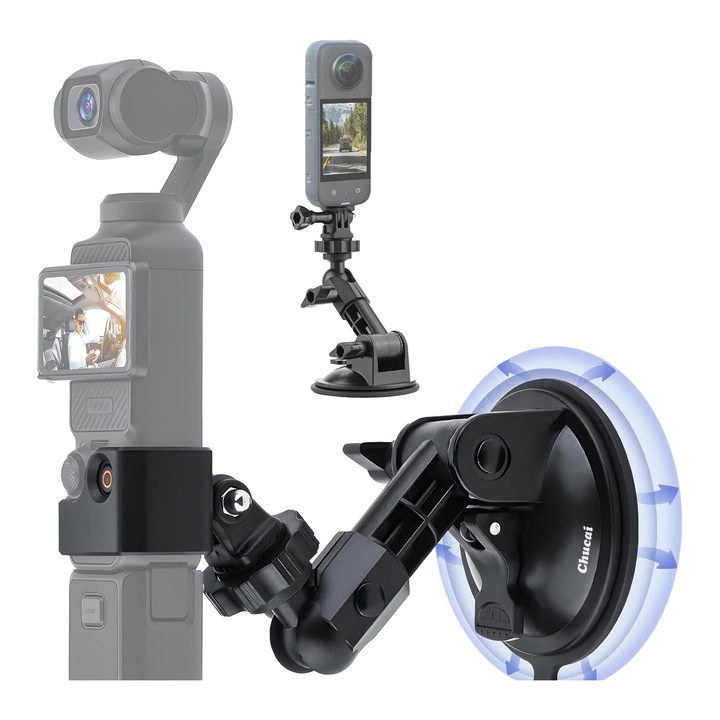 Suport Auto Chucai pentru Camere de Actiune Pocket 3, Ventuza Extra Puternica, 360° Reglabil, 1/4'' Port cu Surub, Compatibil cu GoPro Hero 9-13, DJI Osmo Action 5 Pro 4, Insta360 X4 X5 X3 Go 3S