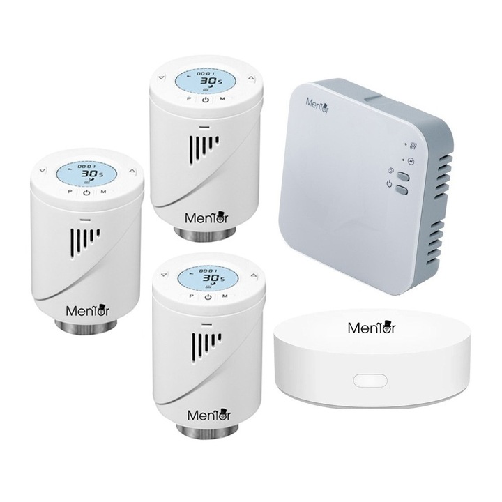 Kit 3 Termostat pentru Calorifer si Control Centrala Mentor KTW311 Premium, Clasic, WiFi + RF, Control din Smartphone, Programabil, Mod ECO / Manual / Auto, Functie Fereastra Deschisa, Control Parental, Histerezis, Compatibil Amazon Alexa si Google Home