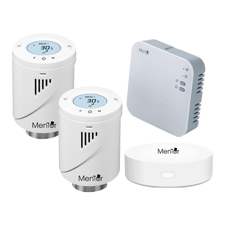 Kit 2 Termostat pentru Calorifer si Control Centrala Mentor KTW211 Premium, Clasic, WiFi + RF, Control din Smartphone, Programabil, Mod ECO / Manual / Auto, Functie Fereastra Deschisa, Control Parental, Histerezis, Compatibil Amazon Alexa si Google Home