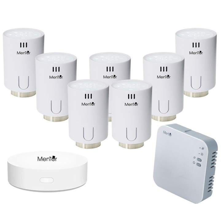 Kit 7 Termostat pentru Calorifer si Control Centrala Mentor KTWT711 Premium, LCD Touch, WiFi+RF, Control din Smartphone, Programabil, Mod ECO / Manual / Auto, Functie Fereastra Deschisa, Control Parental, Histerezis, Compatibil Amazon Alexa si Google Home