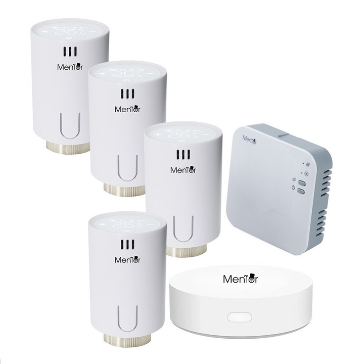 Kit 4 Termostat pentru Calorifer si Control Centrala Mentor KTWT411 Premium, LCD Touch, WiFi+RF, Control din Smartphone, Programabil, Mod ECO / Manual / Auto, Functie Fereastra Deschisa, Control Parental, Histerezis, Compatibil Amazon Alexa si Google Home