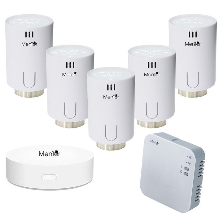 Kit 5 Termostat pentru Calorifer si Control Centrala Mentor KTWT511 Premium, LCD Touch, WiFi+RF, Control din Smartphone, Programabil, Mod ECO / Manual / Auto, Functie Fereastra Deschisa, Control Parental, Histerezis, Compatibil Amazon Alexa si Google Home