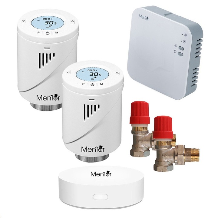 Kit 2xTermostat calorifer+Robinet Termostatat Danfoss 1/2" cu Control Centrala Mentor KTW2211D Premium, Clasic, WiFi+RF, Control din Smartphone, Programabil Mod ECO/Manual/Auto, Functie Fereastra Deschisa Control Parental Histerezis Control vocal