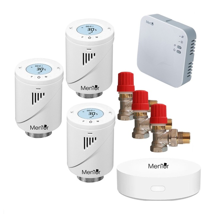 Kit 3xTermostat calorifer+Robinet Termostatat Danfoss 1/2" cu Control Centrala Mentor KTW3311D Premium, Clasic, WiFi+RF, Control din Smartphone, Programabil Mod ECO/Manual/Auto, Functie Fereastra Deschisa Control Parental Histerezis Control vocal