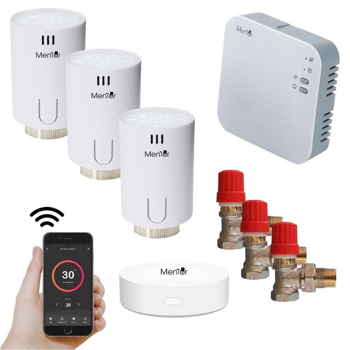 Kit 3xTermostat calorifer+Robinet Termostatat Danfoss 1/2" cu Control Centrala Mentor KTWT3311D Premium, LCD Touch, WiFi+RF, Control din Smartphone, Programabil Mod ECO/Manual/Auto, Functie Fereastra Deschisa Control Parental Histerezis Control vocal