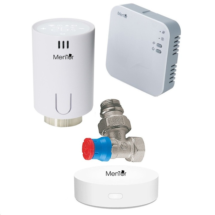 Kit 1xTermostat calorifer+Robinet Termostatat Giacomini 1/2" cu Control Centrala Mentor KTWT1111G Premium, LCD Touch, WiFi+RF, Control din Smartphone, Programabil Mod ECO/Manual/Auto, Functie Fereastra Deschisa Control Parental Histerezis Control vocal