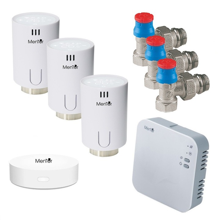 Kit 3xTermostat calorifer+Robinet Termostatat Giacomini 1/2" cu Control Centrala Mentor KTWT3311G Premium, LCD Touch, WiFi+RF, Control din Smartphone, Programabil Mod ECO/Manual/Auto, Functie Fereastra Deschisa Control Parental Histerezis Control vocal