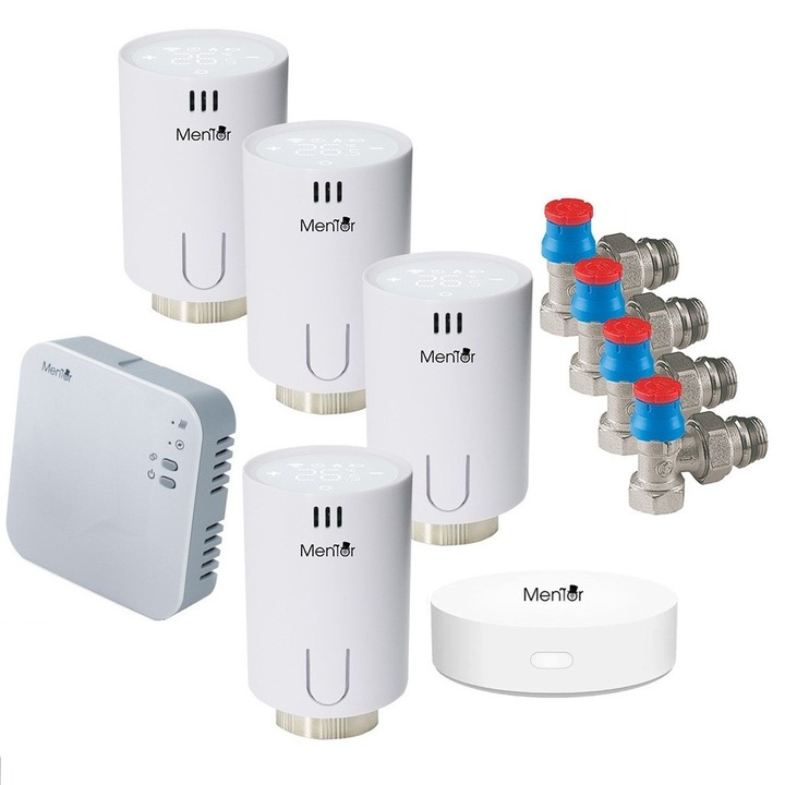 Kit 4xTermostat calorifer+Robinet Termostatat Giacomini 1/2" cu Control Centrala Mentor KTWT4411G Premium, LCD Touch, WiFi+RF, Control din Smartphone, Programabil Mod ECO/Manual/Auto, Functie Fereastra Deschisa Control Parental Histerezis Control vocal