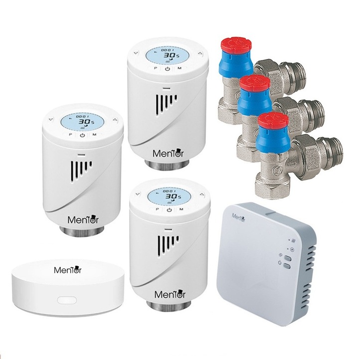 Kit 3xTermostat calorifer+Robinet Termostatat Giacomini 1/2" cu Control Centrala Mentor KTW3311G Premium, Clasic, WiFi+RF, Control din Smartphone, Programabil Mod ECO/Manual/Auto, Functie Fereastra Deschisa Control Parental Histerezis Control vocal