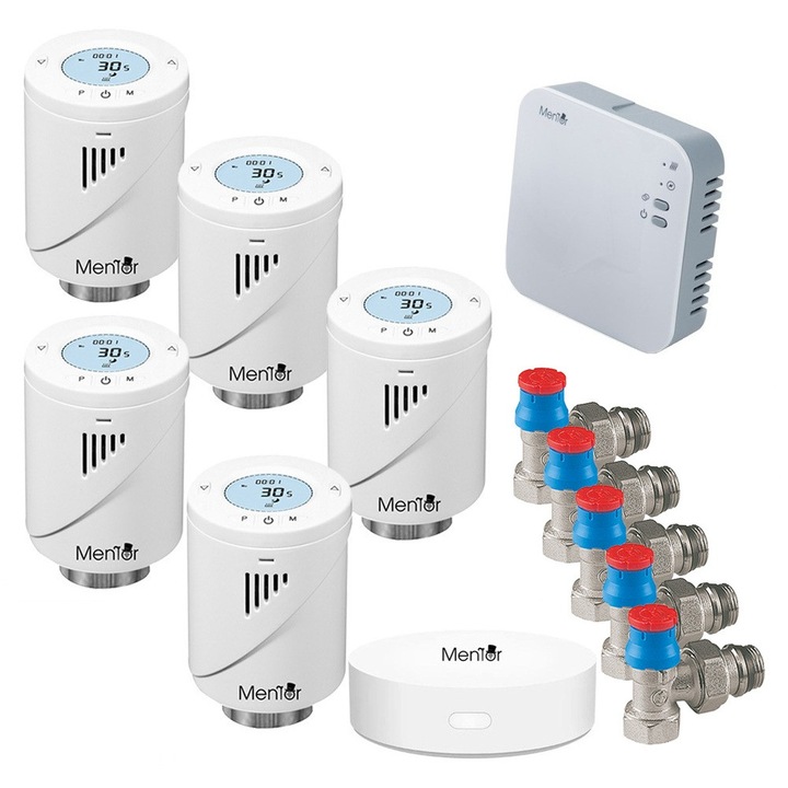 Kit 5xTermostat calorifer+Robinet Termostatat Giacomini 1/2" cu Control Centrala Mentor KTW5511G Premium, Clasic, WiFi+RF, Control din Smartphone, Programabil Mod ECO/Manual/Auto, Functie Fereastra Deschisa Control Parental Histerezis Control vocal