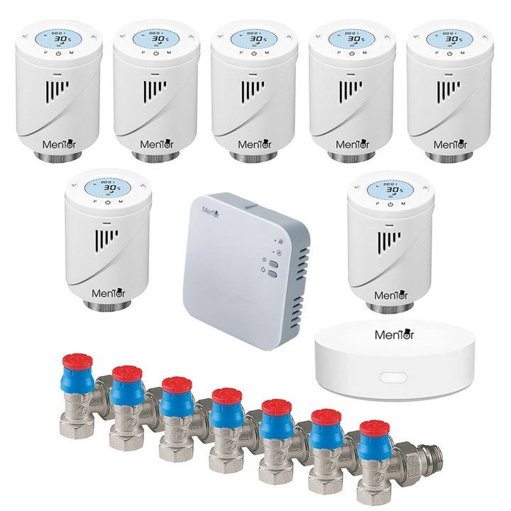 Kit 7xTermostat calorifer+Robinet Termostatat Giacomini 1/2" cu Control Centrala Mentor KTW7711G Premium, Clasic, WiFi+RF, Control din Smartphone, Programabil Mod ECO/Manual/Auto, Functie Fereastra Deschisa Control Parental Histerezis Control vocal